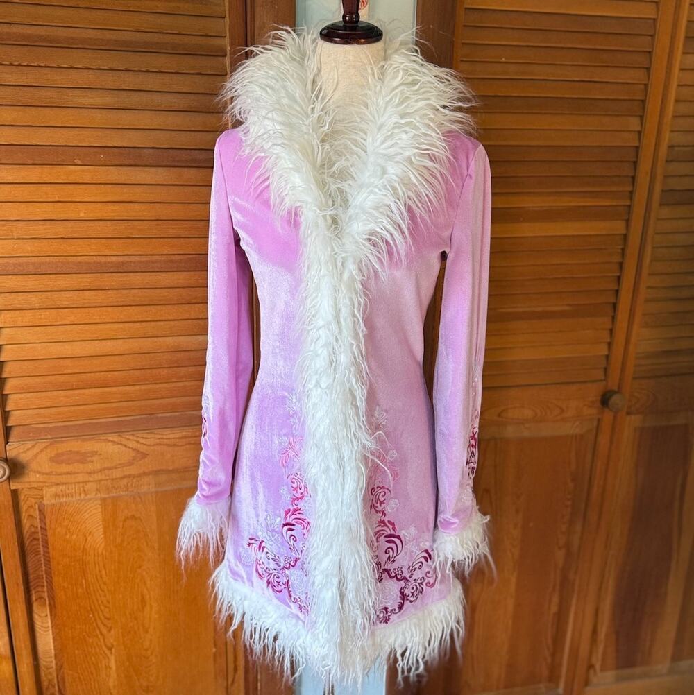 Dolls Kill Whimsigoth Victorian Cottage Embroidered Pink Faux Fur Trim Jacket